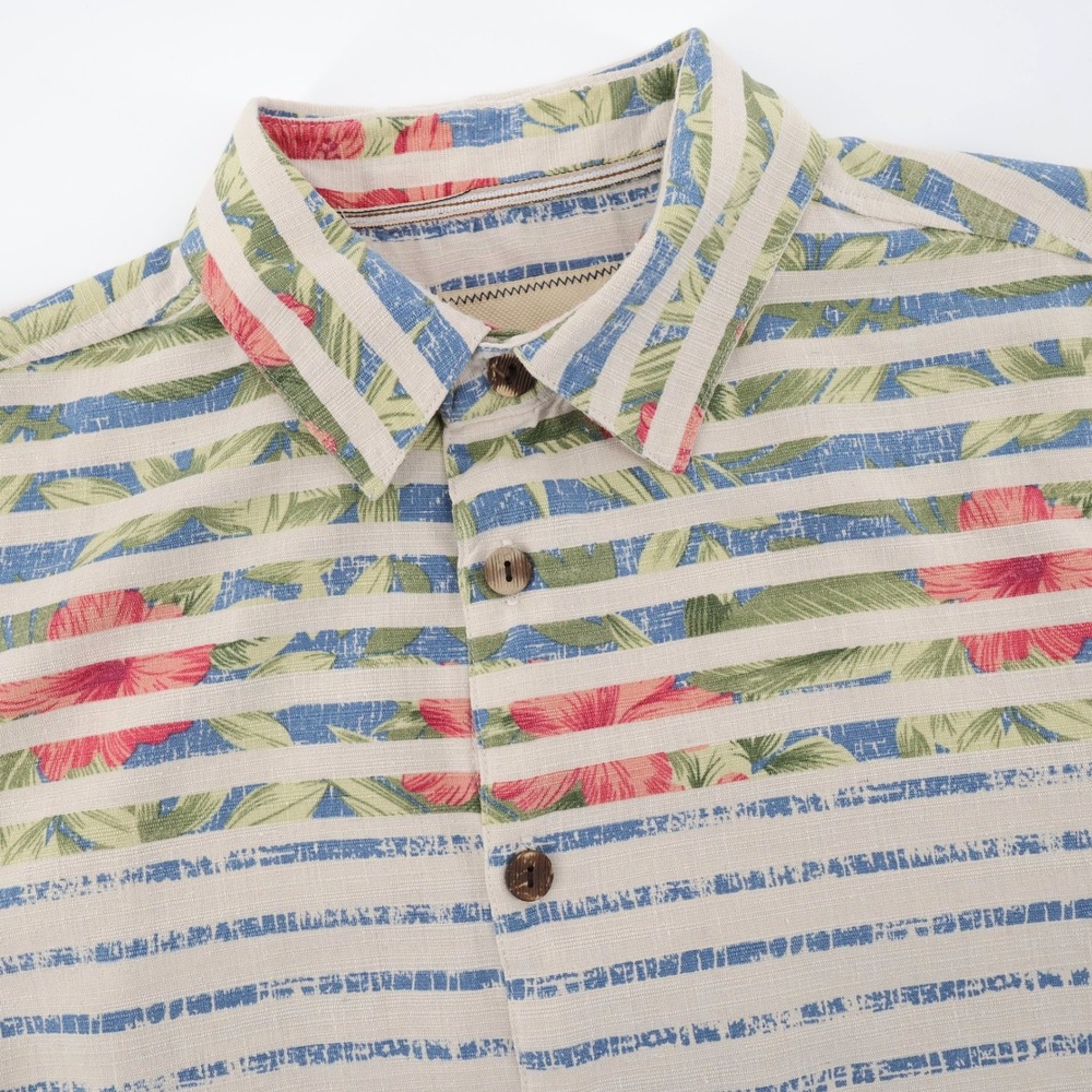 Island Republic Silk Floral Striped Button Down Shirt Beige Mens Medium
